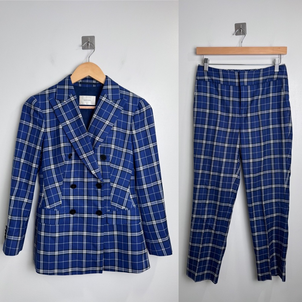 Suistudio Women Blue Plaid Double Breasted Blazer and Pants Suit Set 34S